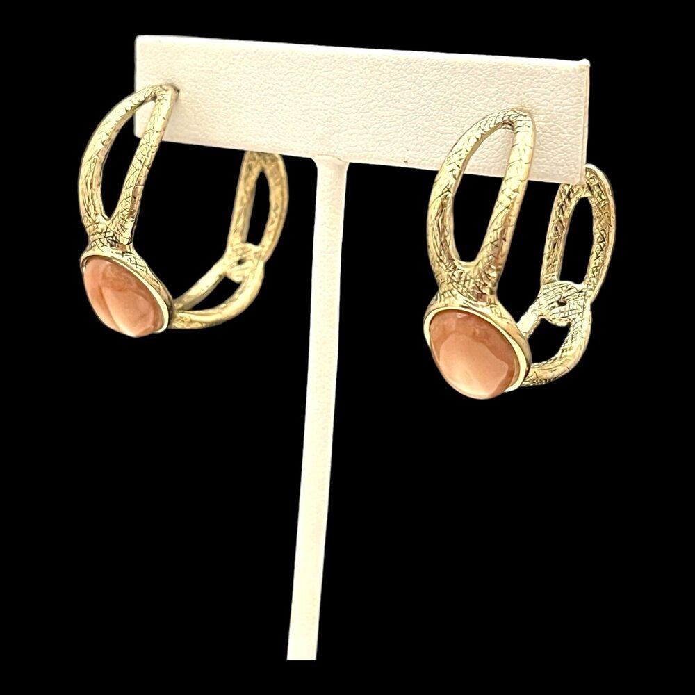 New Gold Tone Earrings Hoops Pink Cabochon Antiqued Textured Design - 5U